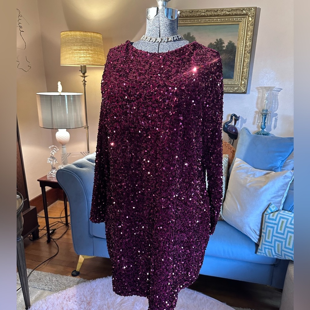 H&M Sparkling Long Sleeve Dress in Rich Burgundy From the MAMA Holiday Edit